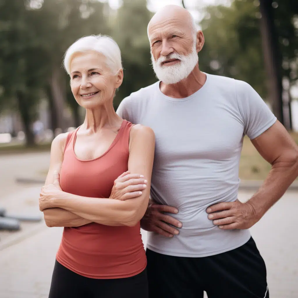 Senior couple with low muscle in athletic wear